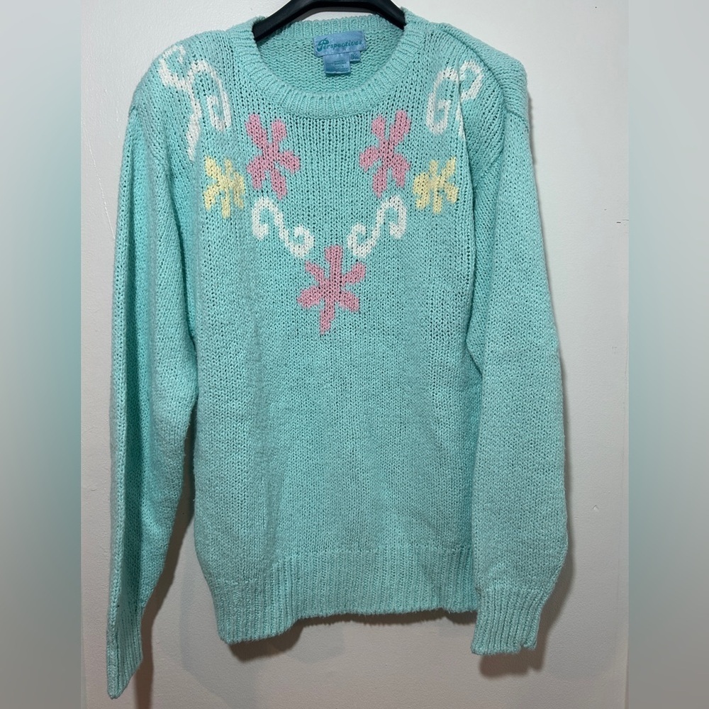 Vintage Grama Core Floral Knit Sweater in Mint and pastel Size S